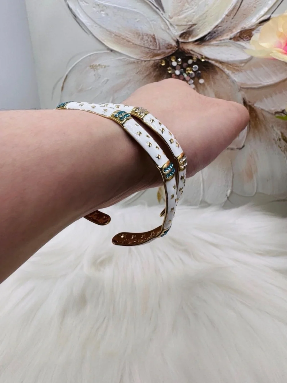 White Enamel Gold-Tone Cuff Bracelet Set– Blue & Clear Rhinestones